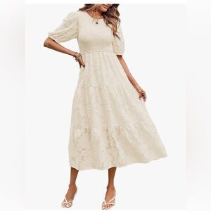 Size small beige smocked maxi dress from Amazon. Perfect for family photos.